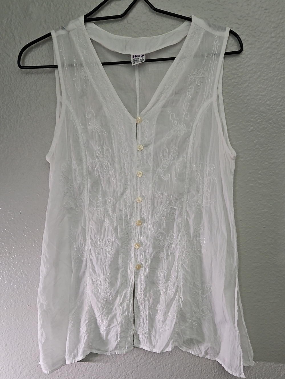 VTG Geeta India Embroidered Cotton V-Neck Tank Top White Boho Free Size EUC